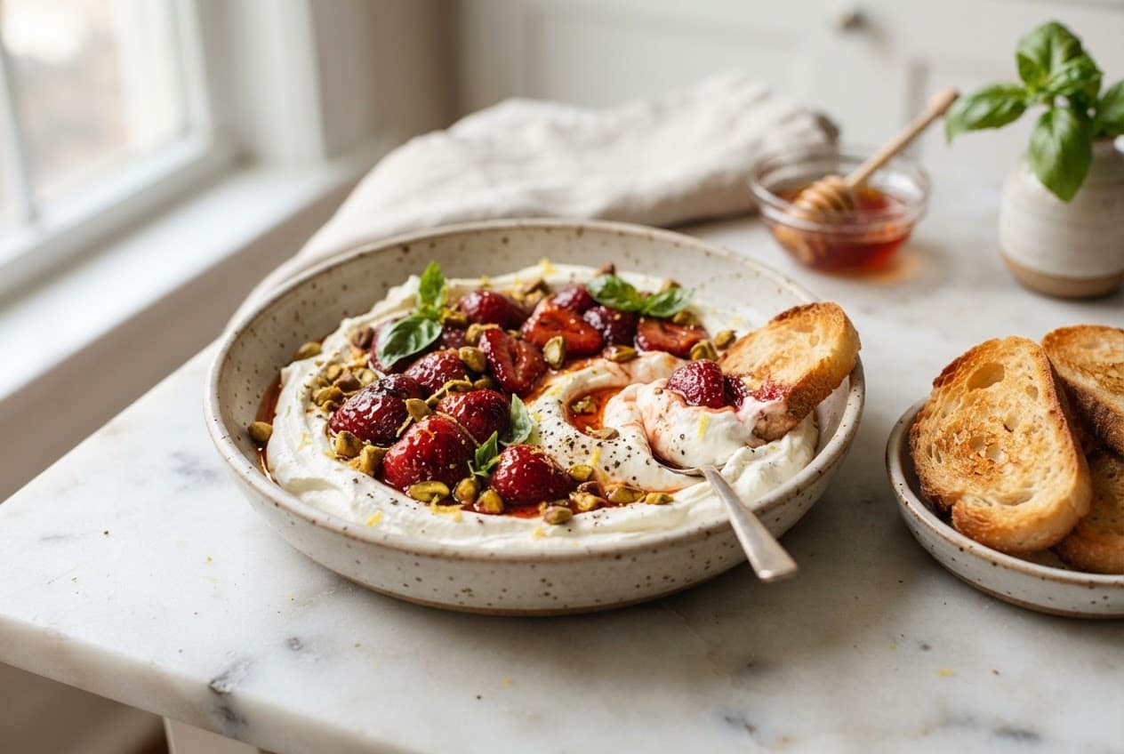 Whipped feta dip topped with warm roasted strawberries, chili honey, pistachios and basil served with crostini