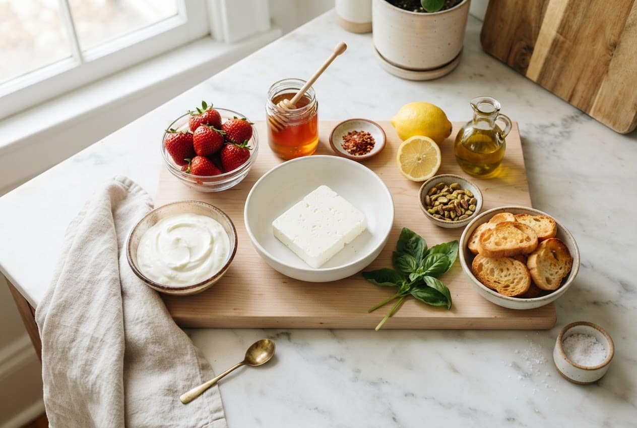 Ingredients for whipped feta with warm strawberries and chili honey arranged on a kitchen counter