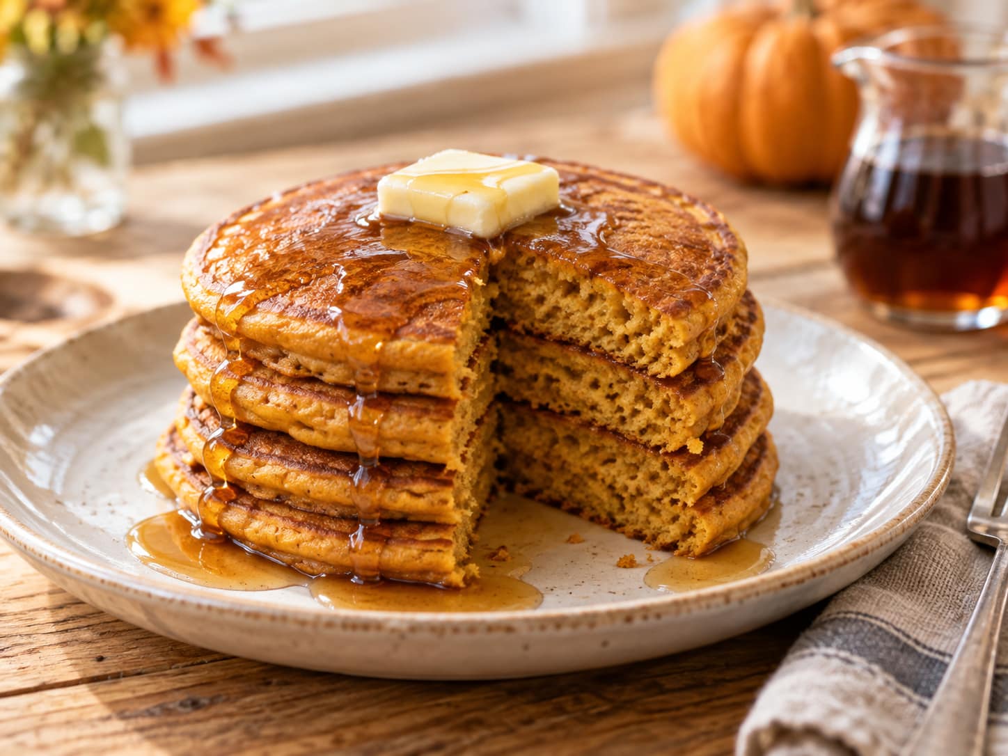 Stack of golden pumpkin pancakes topped with butter and maple syrup on a cream plate.